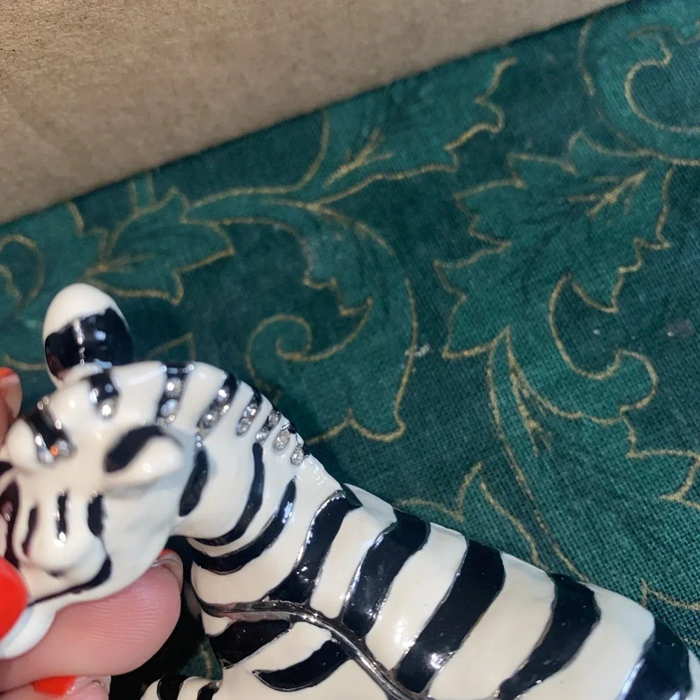 Vintage Enamel Zebra Jewelry / Trinket Box‎ W/ Crystal Jewels